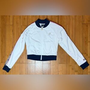 Champion White and Blue Bomber Jacket Sporty Lightweight Design